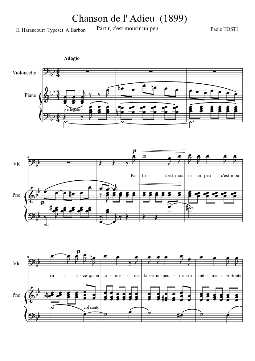 Chanson de l' adieu Tosti Cello version Sheet music for Piano (Piano Duo) |  Musescore.com