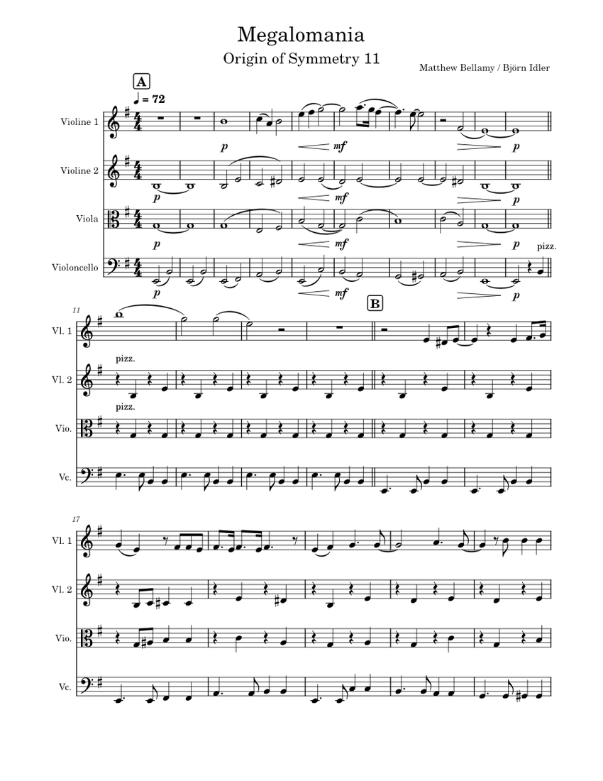 Muse - Megalomania Sheet music for Violin, Cello, Viola (String Quartet) - Download and print in PDF or MIDI free sheet music for megalomania by Muse (rock ) - Musescore.com