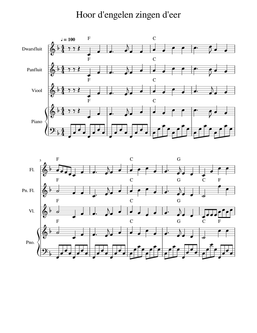 Hoor_d'engelen_zingen_d'eer Sheet music for Piano, Flute, Violin, Flute other (Mixed Quartet