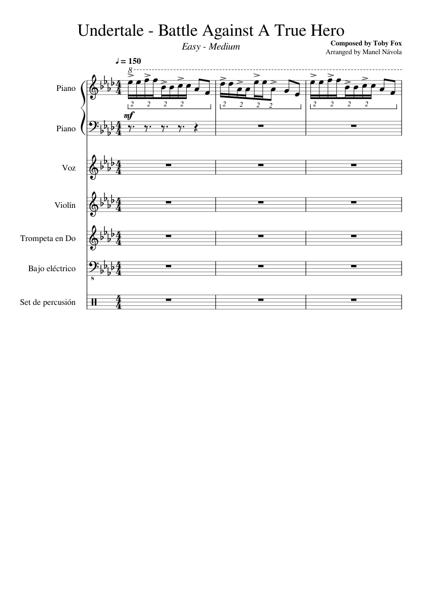 Undertale Battle Against A True Hero Sheet Music For Piano Violin Drum Group Vocals More Instruments Mixed Ensemble Musescore Com