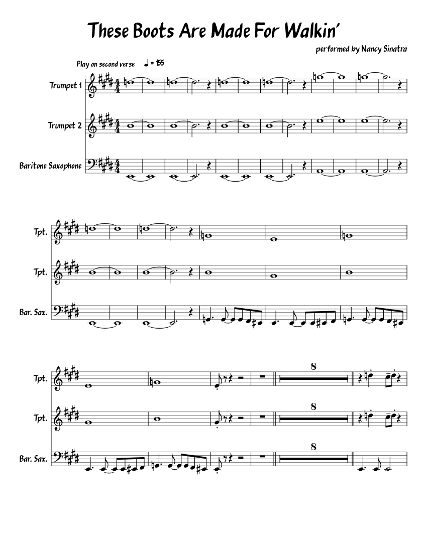These boots are made for walkin - Nancy Sinatra Sheet music for Saxophone  baritone, Trumpet in b-flat, Trumpet other (Mixed Trio) | Musescore.com