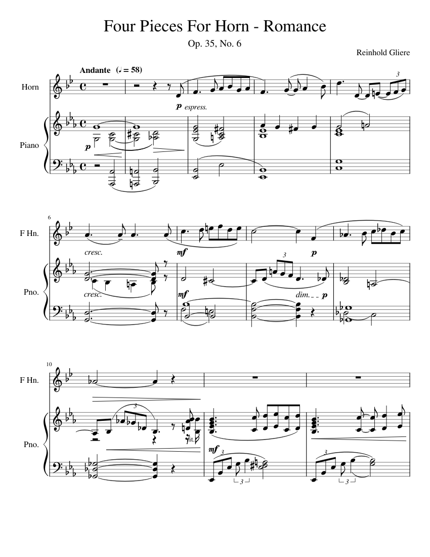 Four Pieces For Horn Romance (Op. 35, No. 6) Sheet music for Piano