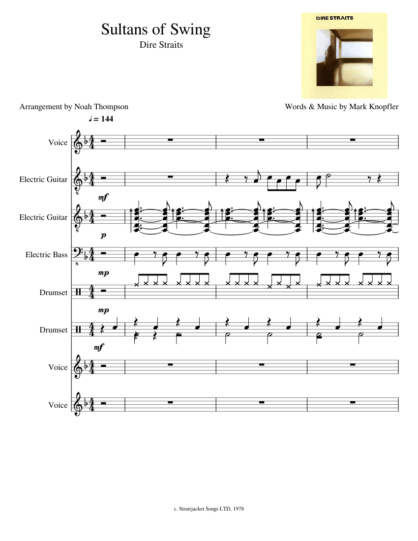 Sultans of Swing - Dire Straits (1978) Sheet music for Vocals, Guitar, Bass  guitar, Drum group (Mixed Ensemble) | Musescore.com