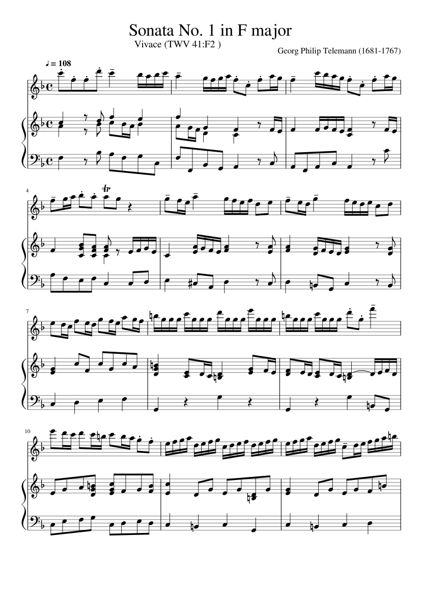 Sonata in F Major Vivace Sheet music for Piano, Flute (Solo) | Download and  print in PDF or MIDI free sheet music for Blockflötensonate F-Dur TWV 41:F2  by Georg Philipp Telemann (classical )
