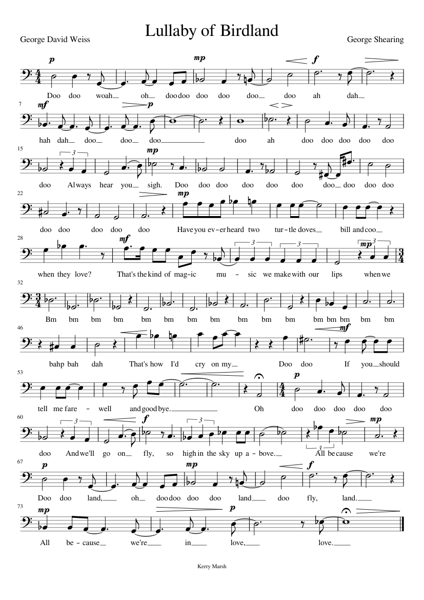Lullaby of Birdland BASS voice Sheet music for Piano (Solo) Easy ...