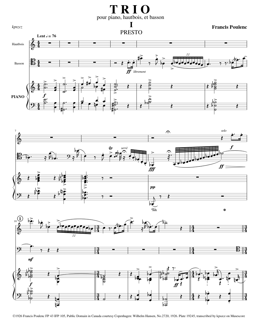 Poulenc, Trio for Oboe, Bassoon and Piano, I. PRESTO Sheet music for Piano,  Oboe, Bassoon (Woodwind Trio) | Musescore.com