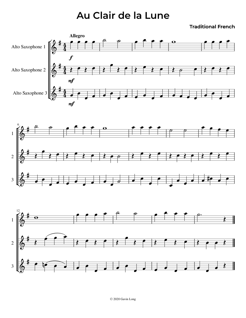 Au Clair de la Lune Woodwind Trio: Alto Sax Sheet music for Saxophone alto  (Woodwind Trio) | Musescore.com