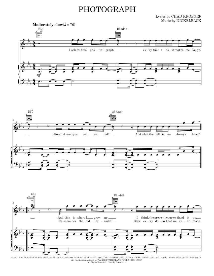 photograph Sheet music for Piano, Vocals by Nickelback Official