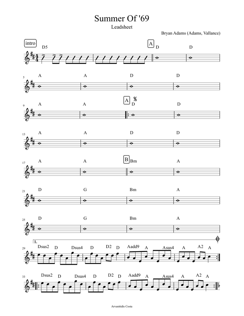 Summer Of 69-Leadsheet Sheet music for Piano (Solo) | Musescore.com