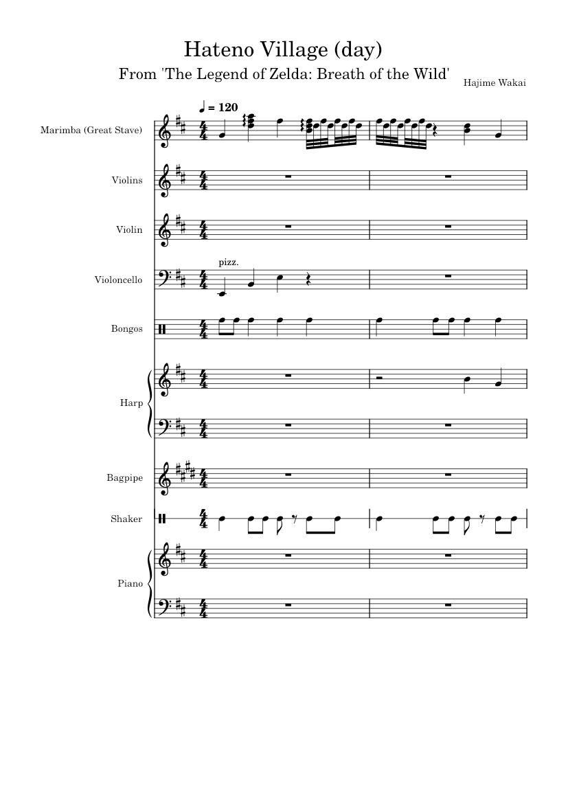 Hateno Village (day) Sheet music for Piano, Violin, Cello, Drum group &  more instruments (Mixed Ensemble) | Musescore.com