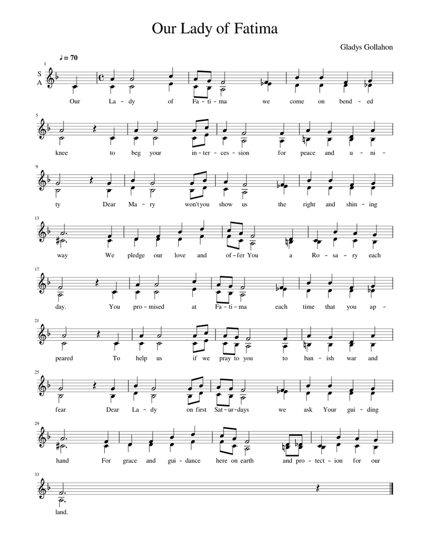 Our Lady Of Fatima Refrain Only Sheet Music For Piano Vocals Soprano Tenor More Instruments Mixed Ensemble Musescore Com our lady of fatima refrain only sheet