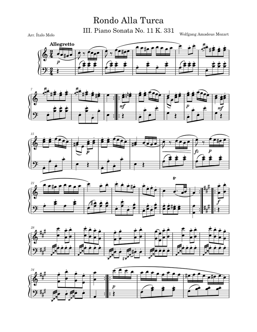 Rondo Alla Turca Piano Sonata No. 11 III. Alla Turca: Allegretto K. 331(Turkish  March) Sheet music for Piano (Solo) | Musescore.com