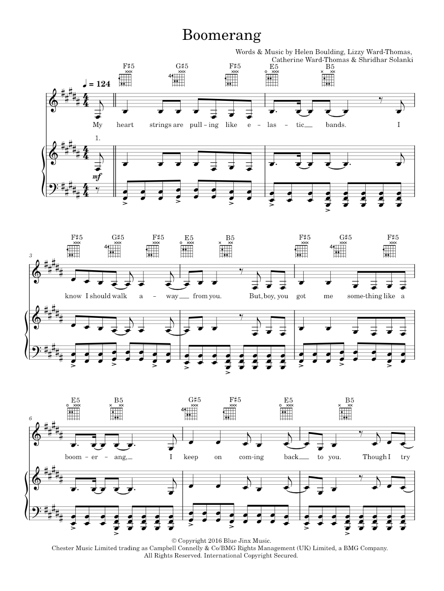 boomerang Sheet music for Piano, Vocals by Ward Thomas: Music Notes by ...