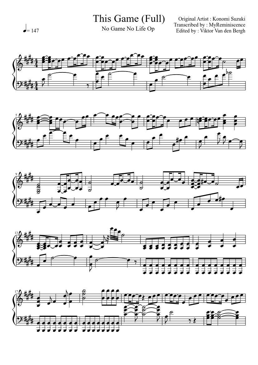 This game" From No Game No Life (full) by MyReminiscence EDIT Sheet music  for Piano (Solo) | Musescore.com