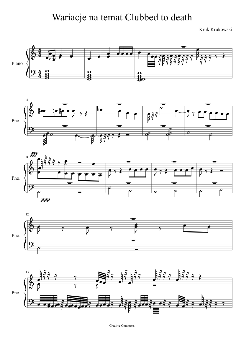 Wariacje na temat Clubbed to death Sheet music for Piano (Solo) |  Musescore.com