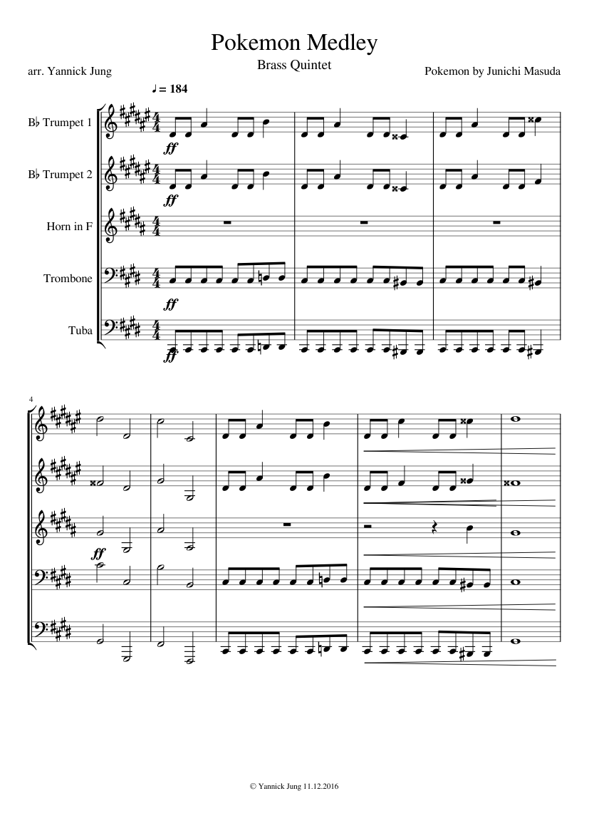 Pokemon Medley for Brass Quintet Sheet music for Trombone, Tuba, Trumpet in  b-flat, French horn (Brass Quintet) | Musescore.com