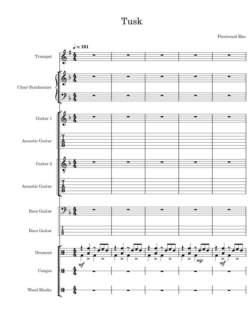 piano sheet music tusk by fleetwood mac