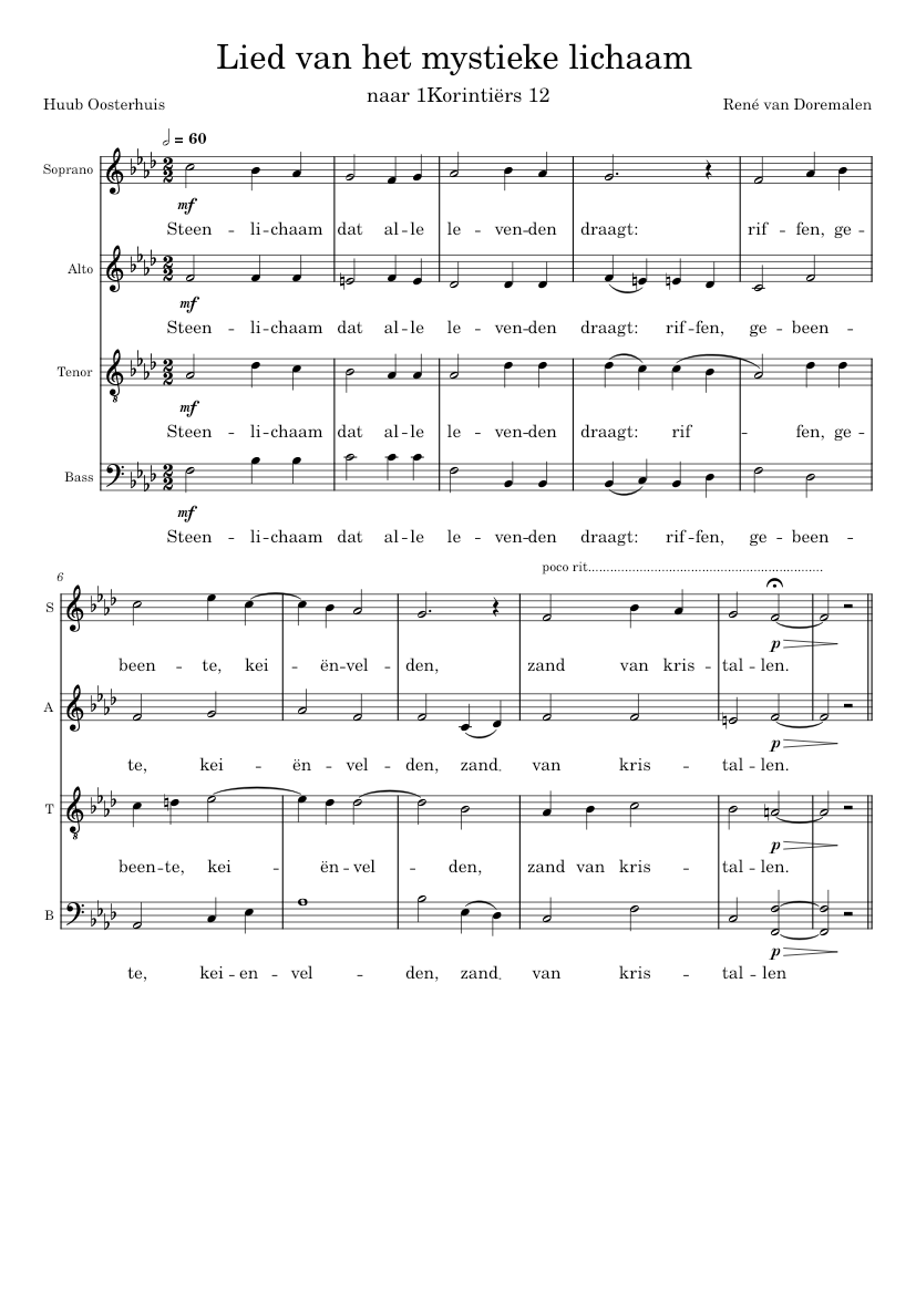 Lied van het mystieke lichaam – Tekst: Huub Oosterhuis; muziek: René van  Doremalen Sheet music for Tenor, Woodwinds group (SATB) | Musescore.com