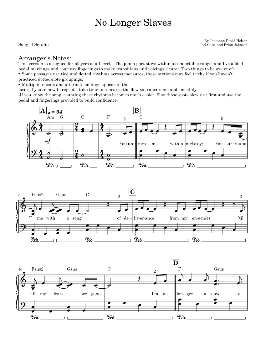 No Longer Slaves Bethel Music Easy Song Of Serafin Sheet Music No longer slaves bethel music easy song of serafin sheet music