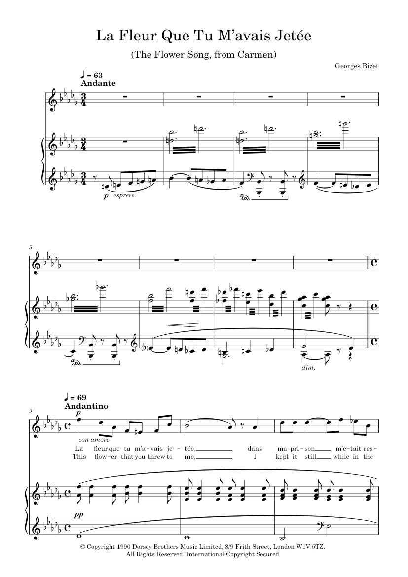 La Fleur Que Tu M'avais Jetee (The Flower Song) (from Carmen) Sheet music for Piano, Vocals