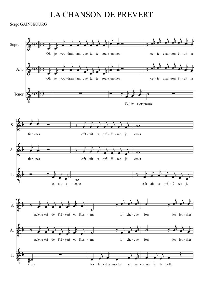 La Chanson de Prévert Sheet music for Soprano, Alto, Tenor (Choral) |  Musescore.com