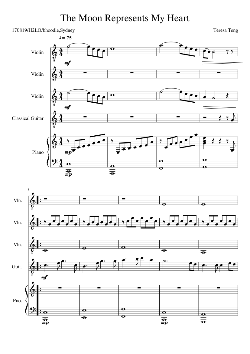 The Moon Represents My Heart Sheet music for Piano, Violin, Guitar (Mixed  Ensemble) | Musescore.com