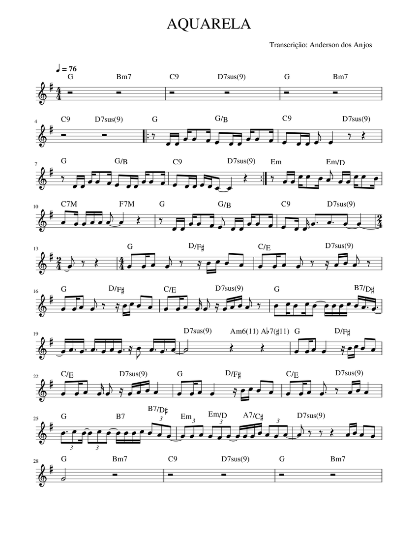 Aquarela – Toquinho Sheet music for Piano (Solo) | Musescore.com