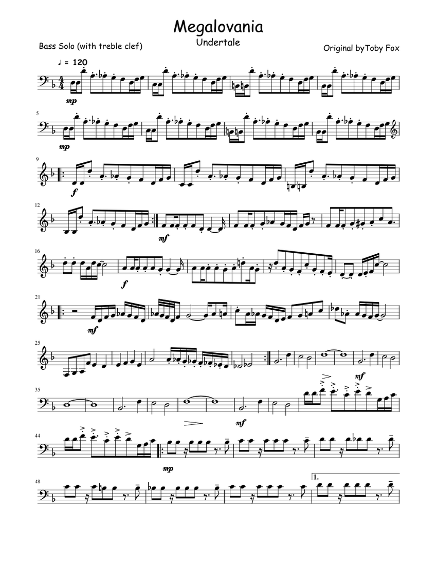 Megalovania(Bass solo with treble clef) Sheet music for Contrabass (Solo) |  Download and print in PDF or MIDI free sheet music | Musescore.com