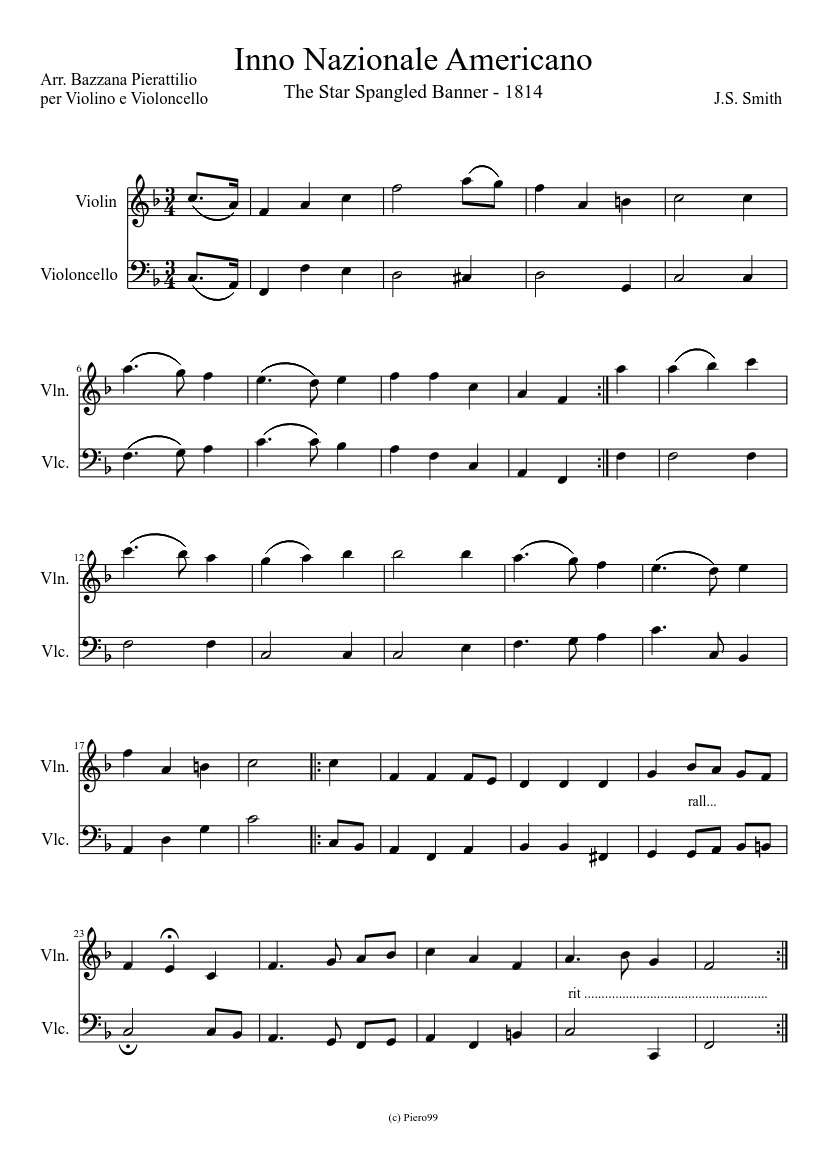 Inno nazionale americano Sheet music for Violin (Solo) | Musescore.com