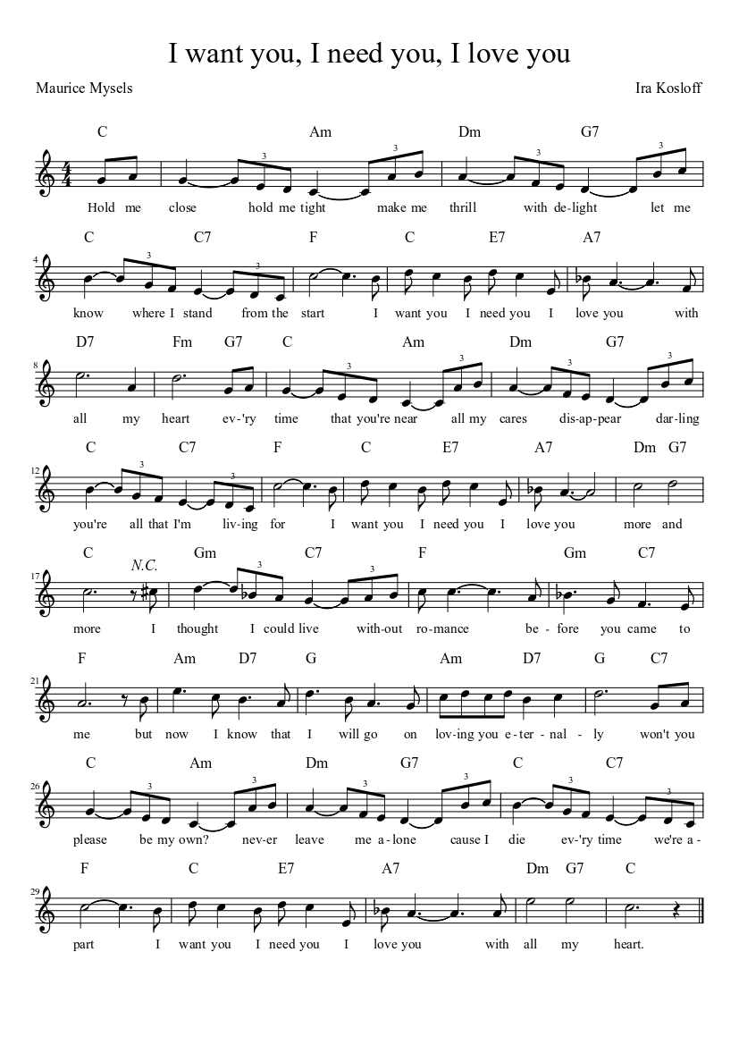 I want you, I need you, I love you Sheet music for Piano (Solo) |  Musescore.com