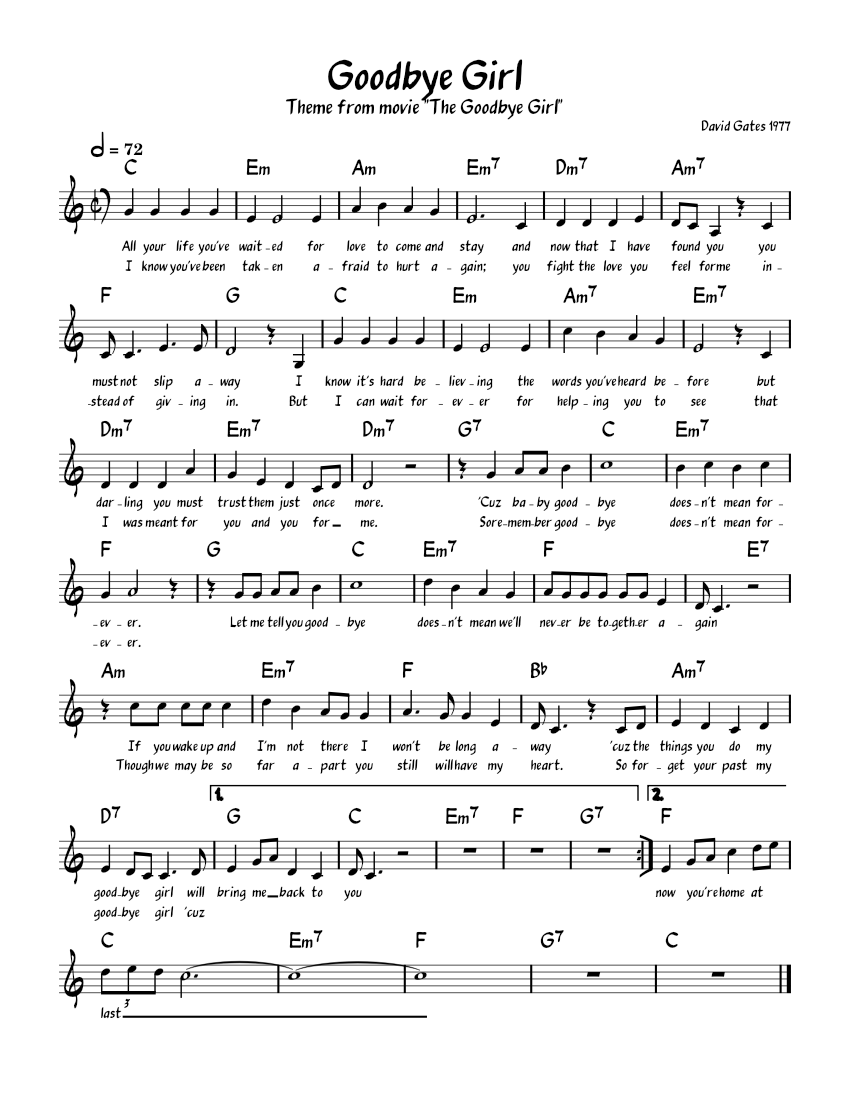 Goodbye Girl Sheet Music with Chords for Piano (Solo) Easy | MuseScore.com