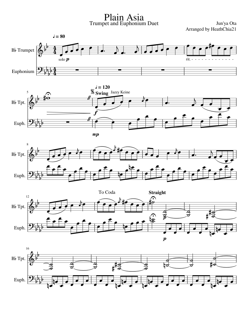 Plain Asia - Trumpet And Euphonium Duet Sheet Music For Euphonium ...