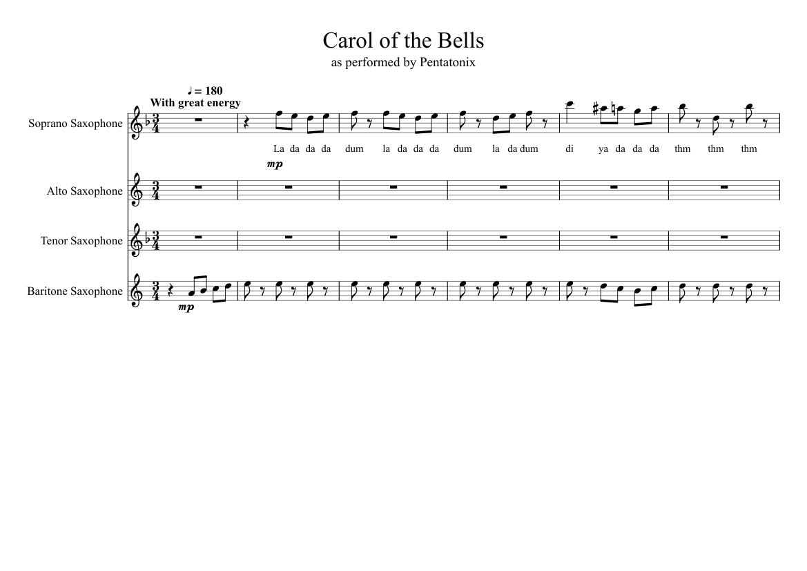 Carol of the Bells Sax Quartet Sheet Music for Saxophone alto ...