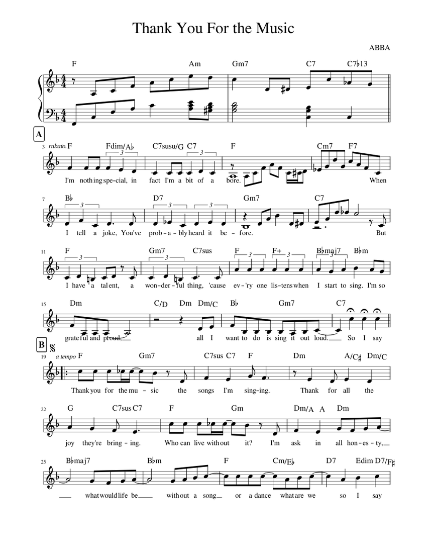 Thank You For The Music Sheet Music For Piano Solo Musescore Com