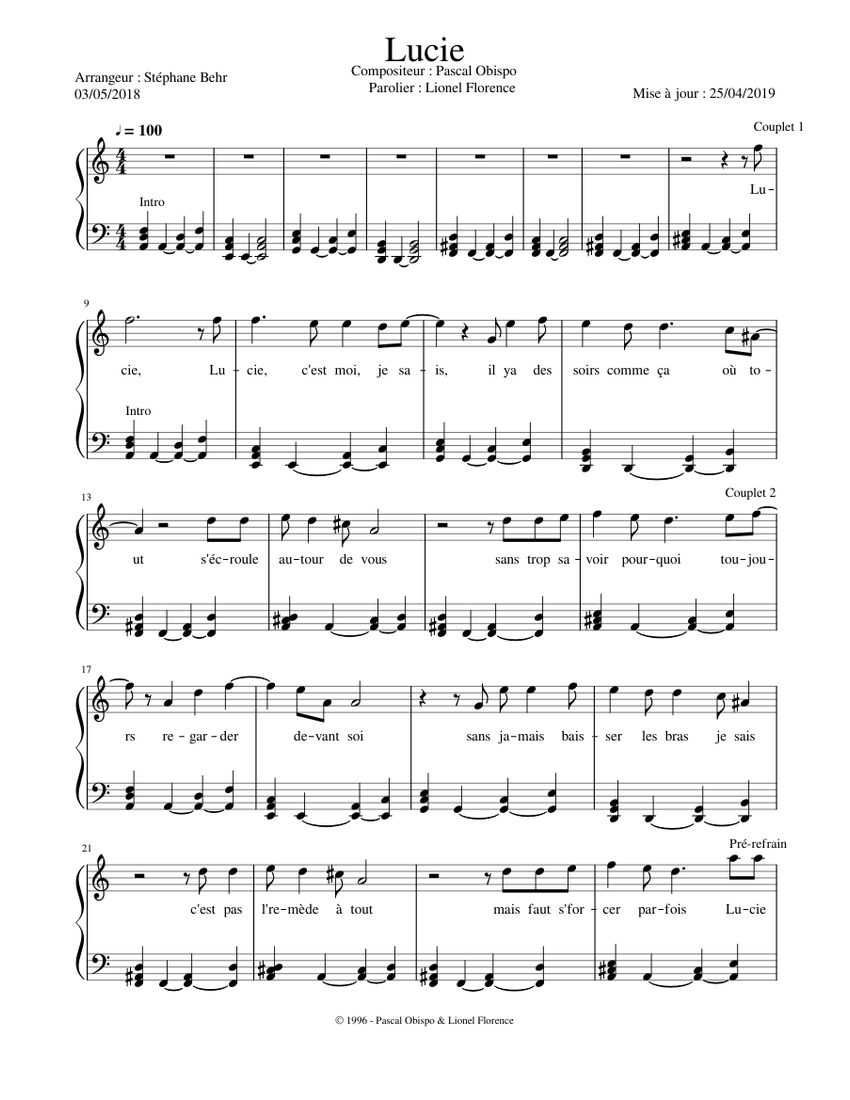Lucie - Pascal Obispo Sheet music for Piano (Solo) | Musescore.com