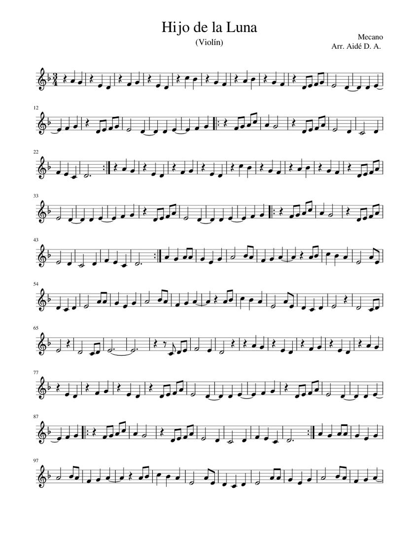 Hijo De La Luna Violin Sheet Music For Piano Solo Musescore Com Arranged for piano by masha sharova. hijo de la luna violin sheet music