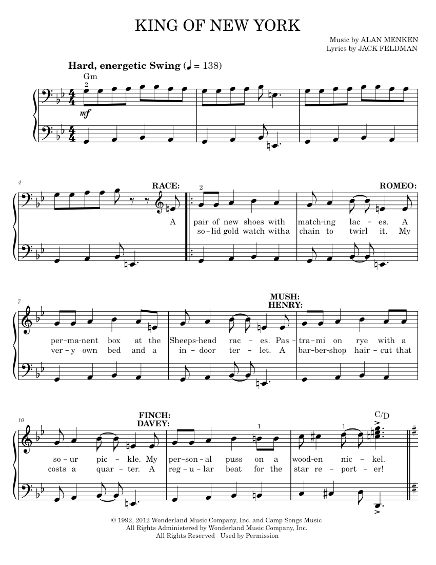 King of New York Sheet music for Piano by Alan Menken Official ...
