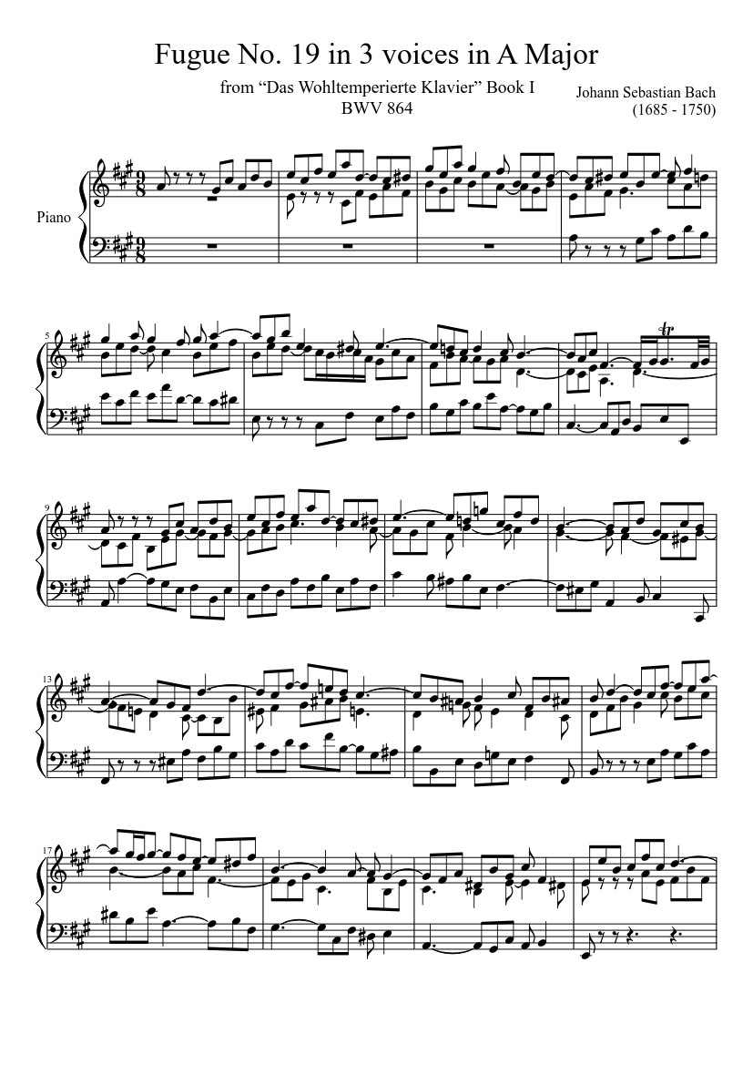 Fugue No. 19 BWV 864 in A Major Sheet Music for Piano (Solo