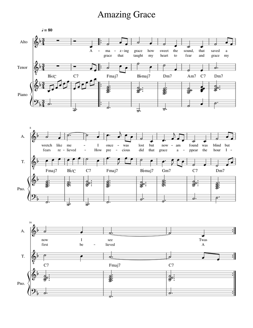 Amazing Grace two voice + chords Sheet music for Piano (Solo