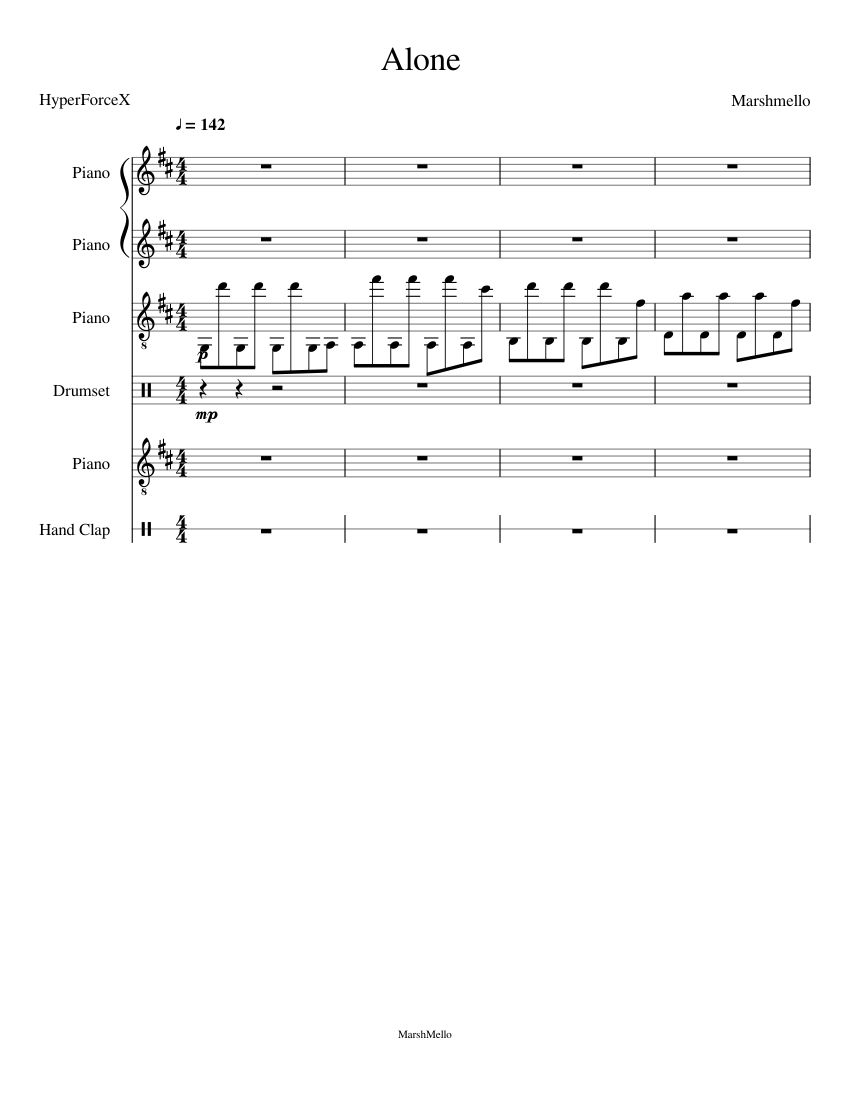 Alone Marshmello Sheet music for Piano, Drum group, Hand clap (Mixed
