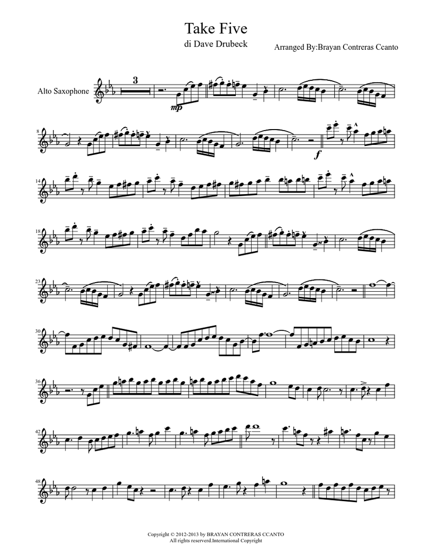 or MIDI free sheet music for Take Five by The Dave Brubeck Quartet arranged...