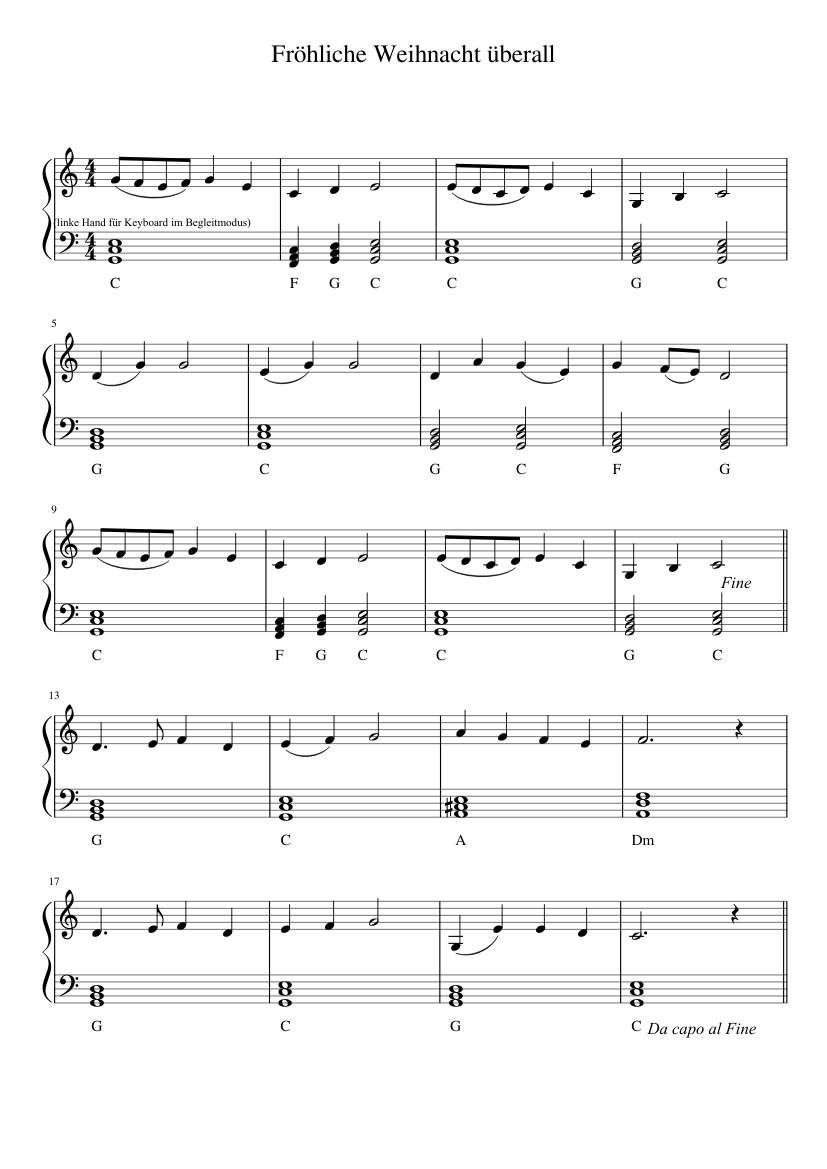 Fröhliche Weihnacht überall (Keyboard, C-Major), deutsches Weihnachtslied  Sheet music for Piano (Solo) | Musescore.com