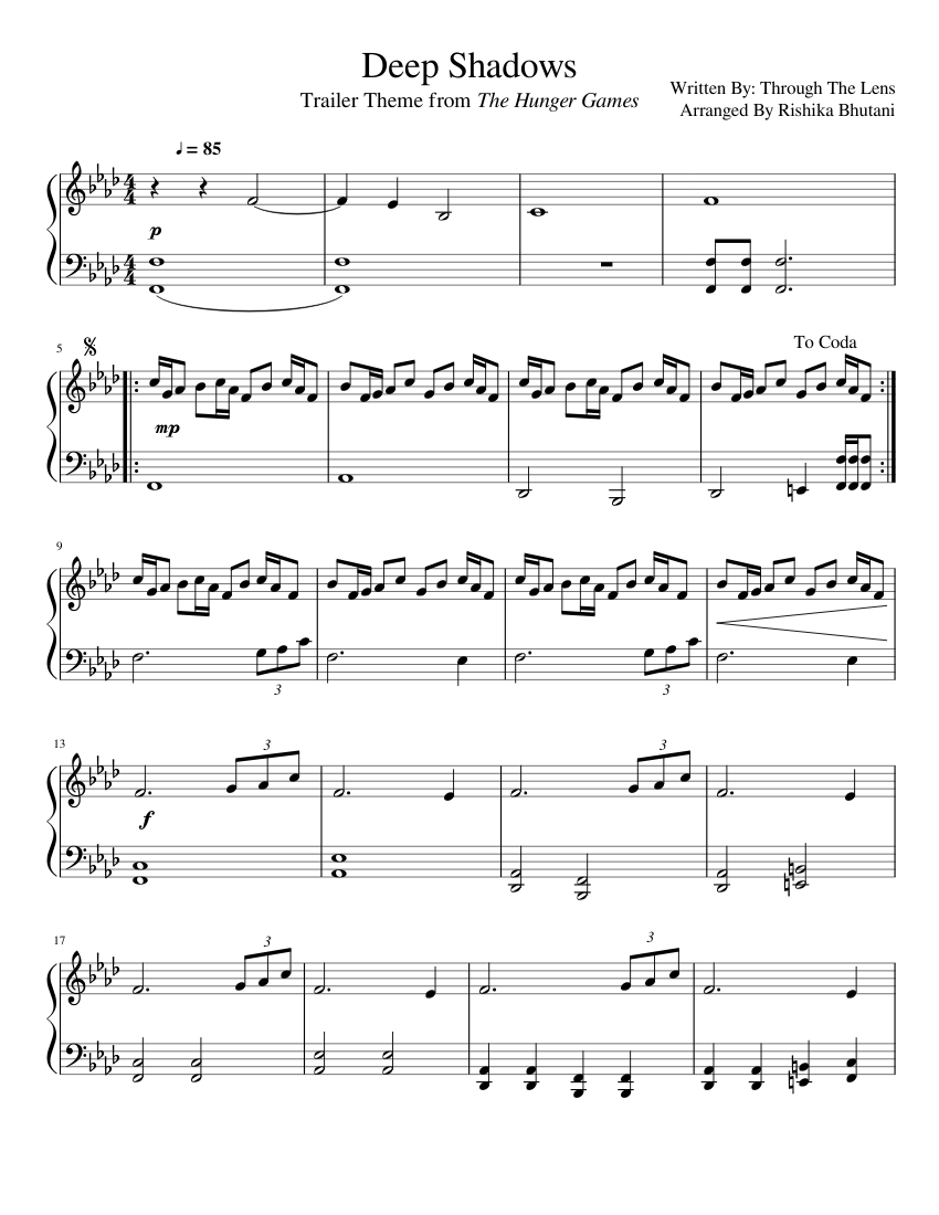 Deep Shadows: Trailer Theme from The Hunger Games Sheet music for Piano  (Solo) | Musescore.com