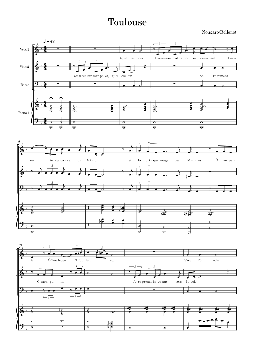 Toulouse – Claude Nougaro - 3 voix - piano tutorial
