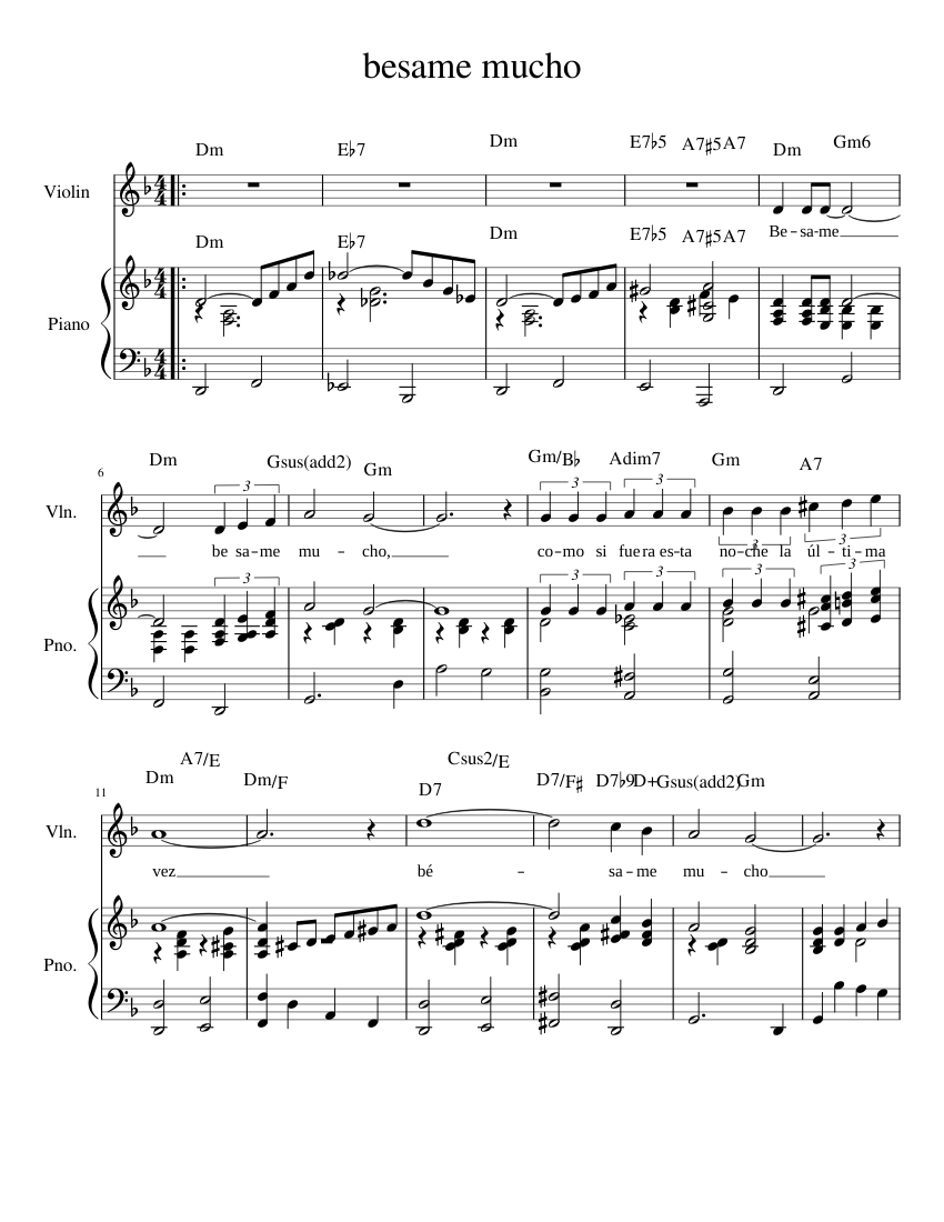 Besame Mucho - Piano/Vocal & Leadsheet Sheet music for Piano, Violin (Solo)  | Musescore.com