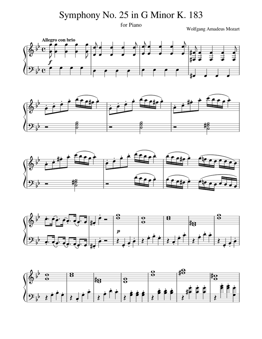 Symphony No. 25 in G Minor K. 183 Sheet music for Piano (Solo) |  Musescore.com