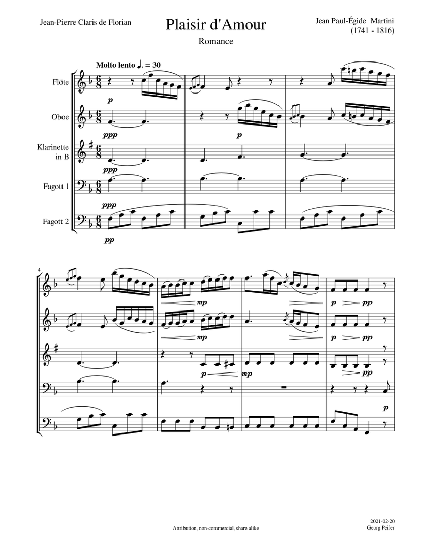 Jean Paul-Égide Martini: Plaisir d'Amour (1785) - Woodwind Quintet Sheet  music for Flute, Oboe, Clarinet in b-flat, Bassoon (Woodwind Quintet) |  Download and print in PDF or MIDI free sheet music for
