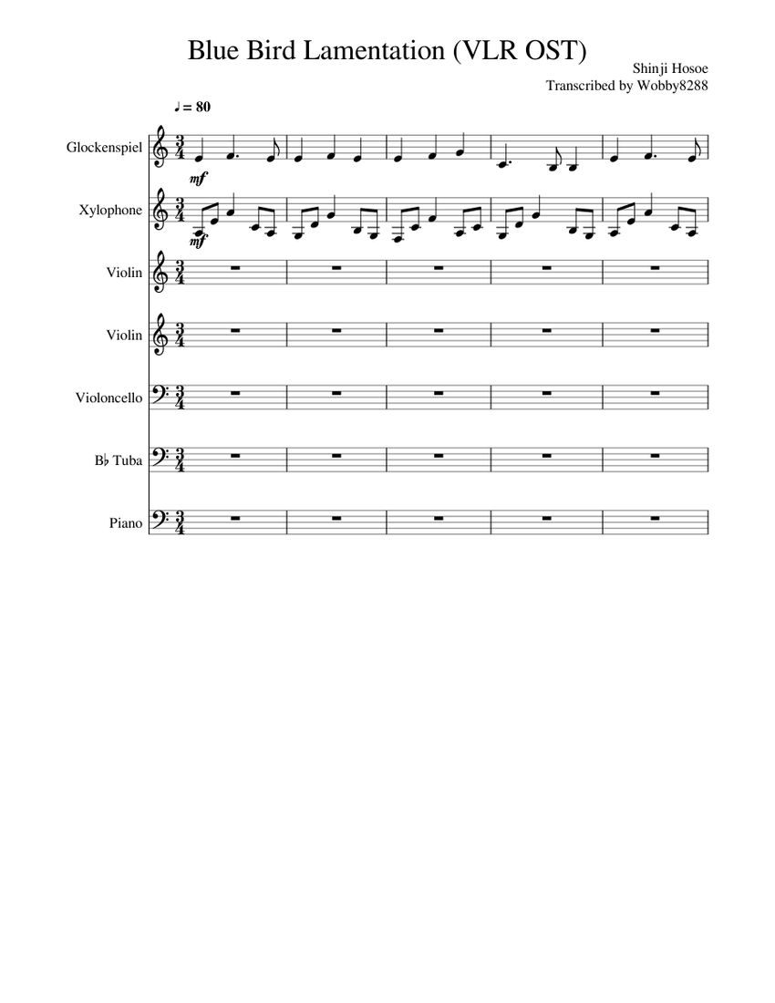 Blue Bird Lamentation Virtue S Last Reward Sheet Music For Piano Violin Cello Tuba More Instruments Mixed Ensemble Musescore Com