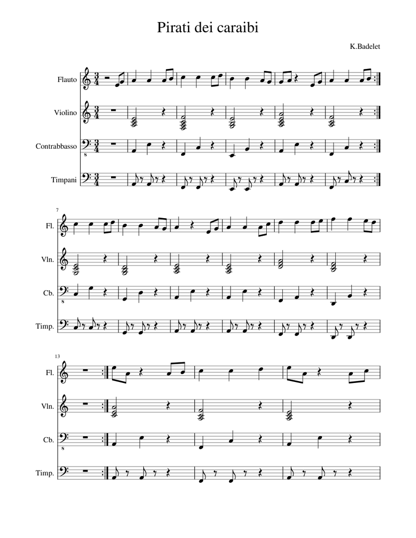 Pirati dei caraibi Sheet music for Flute, Contrabass, Timpani, Violin  (Mixed Quartet) | Musescore.com