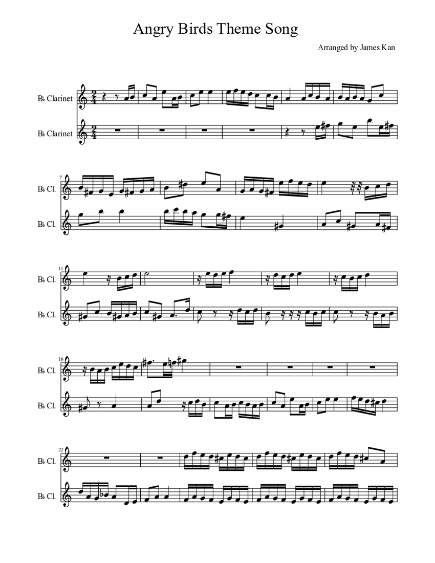 Angry Birds Theme Song Sheet music for Clarinet other (Woodwind Duet ...